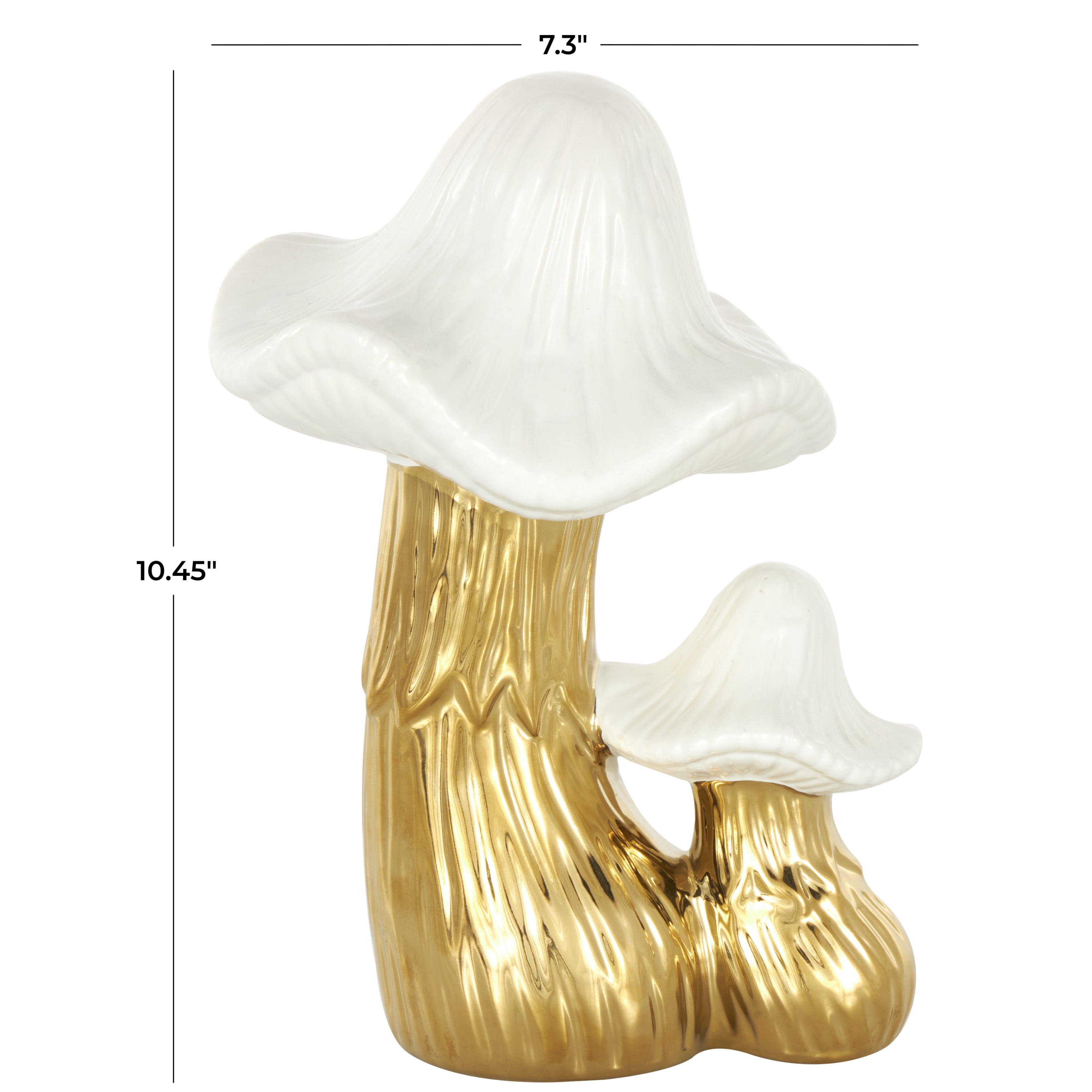 7" x 10" Gold Ceramic Mushroom Sculpture with White Tops and Textured Grooves, by DecMode