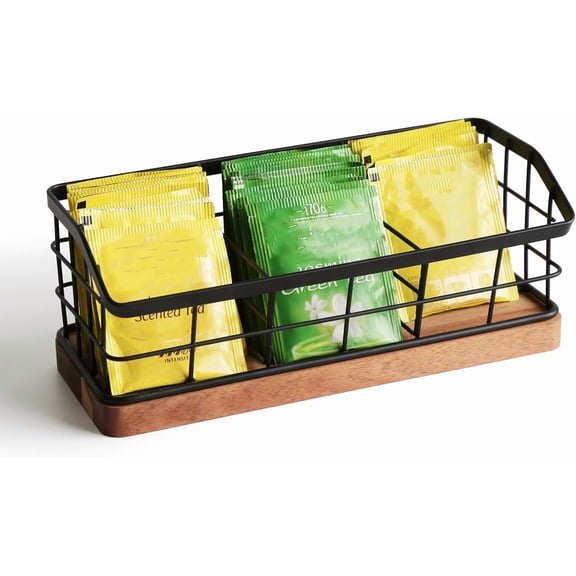 Tea Bag Organizer,Iron Wire Basket with Wooden Base.Tea Storage Containers with 3 Slots,Sugar Packet,Tea Bar Accessories for Countertop Cabinet Drawer.