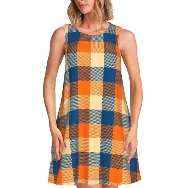 Easygdp Warm Orange Plaid para Vestido Transpirable de Mujer, Vestido Suelto de Manga Corta con Pliegues y Bolsillos para el Verano