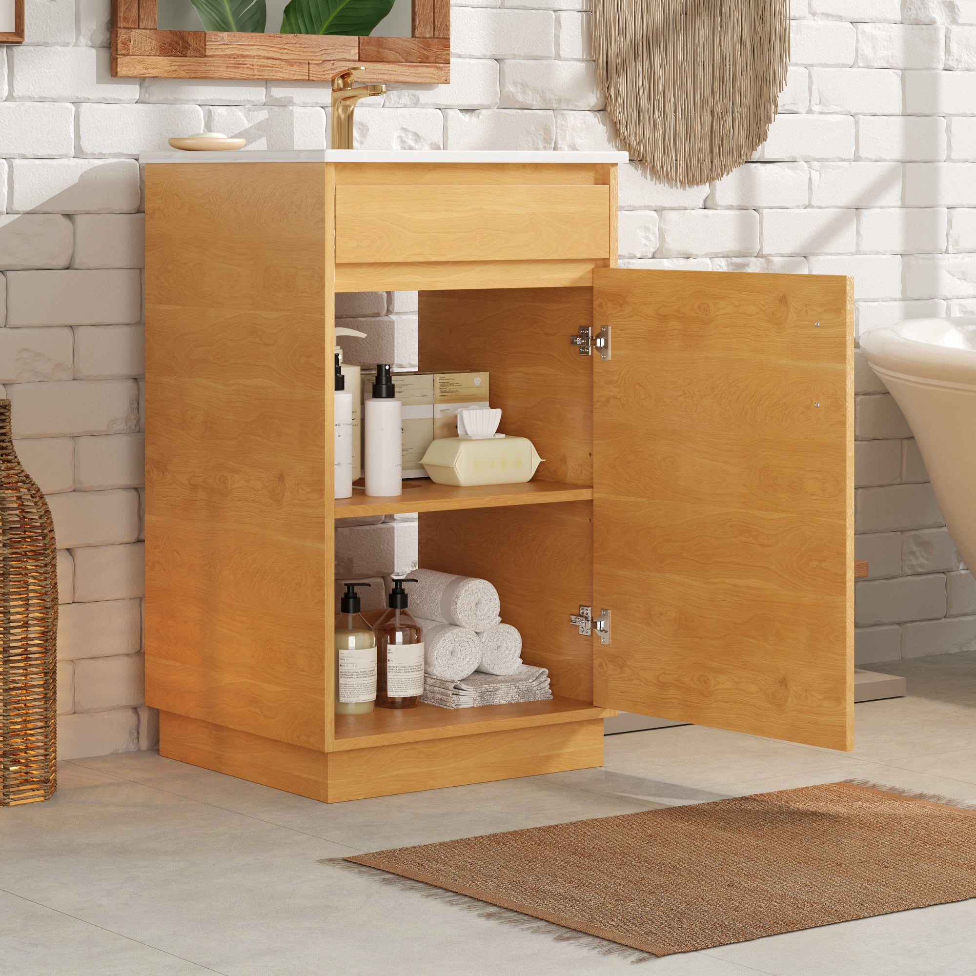 Harper & Bright Designs 20" Farmhouse Bathroom Cabinet with Sink, Freestanding Storage Cabinet with Adjustable Shelf, Single Sink Bathroom Vanity for Small Space, Natural Wood