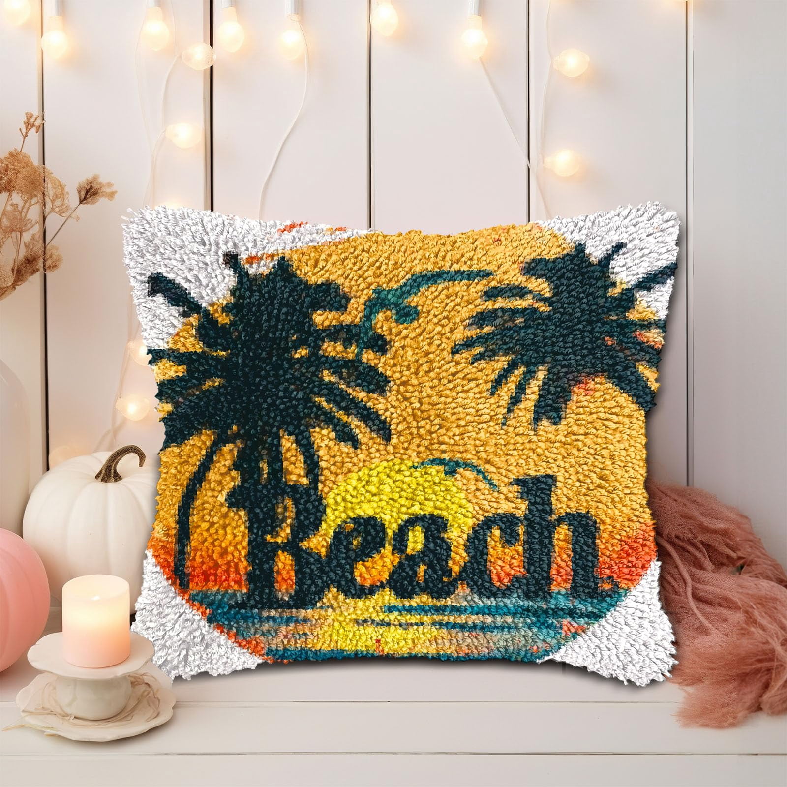 Sunset and Beach Coconut Trees DIY Latch Hook Pillow Kits for Adults Printed Pillowcase Crochet Yarns Hooking Handmade Pillow Cover Cushion for Home Sofa Decoration 17x17inch