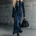 thumbnail image 2 of Women’s Navy Blue Faux Suede Maxi Dress Stand Collar Long Sleeve Slim Fit Dress with Full Front Zipper Multi Skirt Zippers and Mermaid Hem, 2 of 3