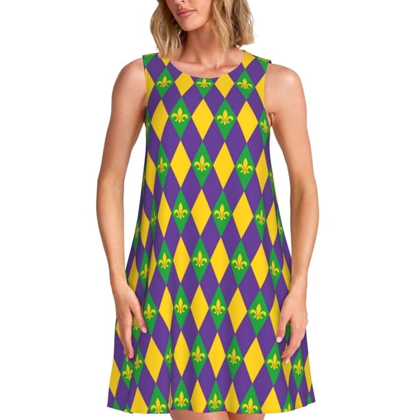 Fotbe Mardi Gras Vestido de Verano sin Mangas para Mujer – Vestido Midi Línea A, Estilo Camiseta Floral, Vestido Playero Casual y Fluido