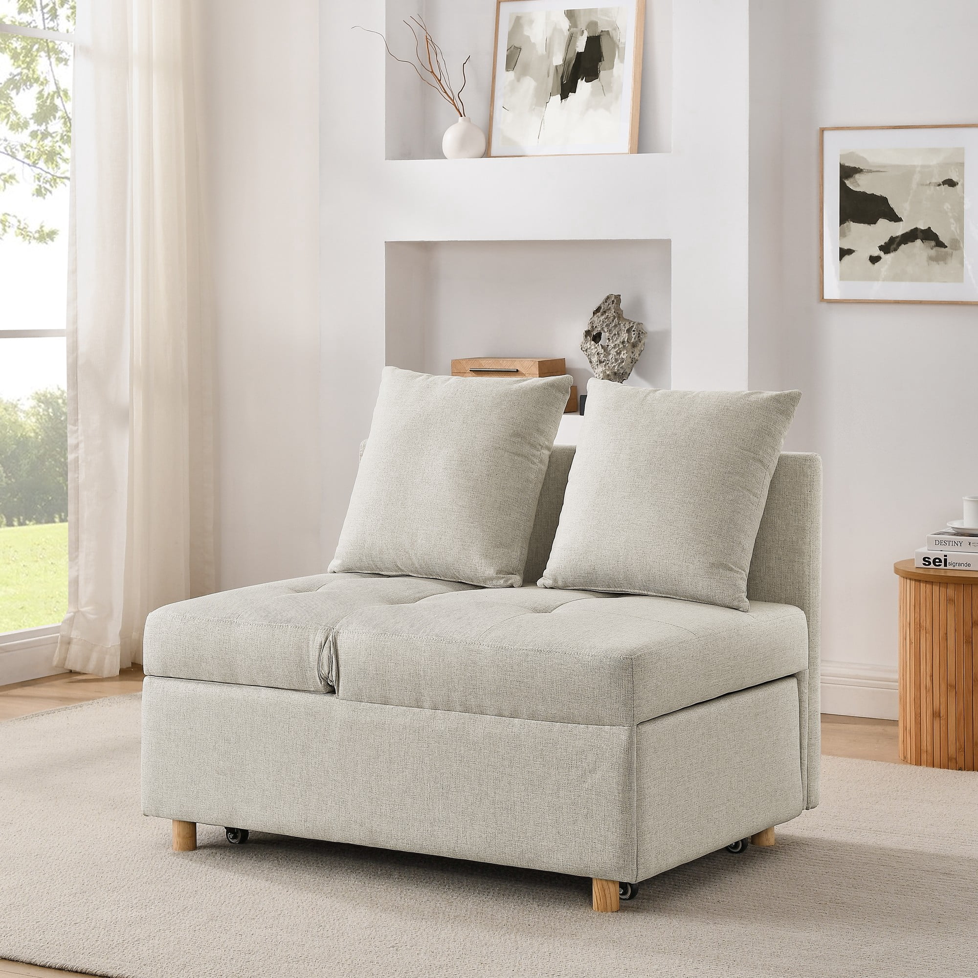 Leumius Sleeper Sofa Chair Bed 3 in 1 Convertible Bed Chair with Adjustable Backrest Linen Sleeper Chair Pull-Out Sofa Bed for Small Spaces,Living Room,Beige02