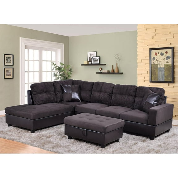 Ainehome Furniture 3 PCS Sectional Sofa Set, L-Shaped Sectional Couch 103" W for Living Room, with Storage Ottoman and Matching Pillows (Left Hand Facing, Espresso)