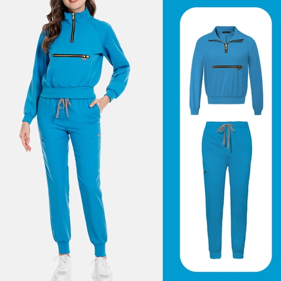 Uniforme De Enfermera,Scrub for Women Set-Long Sleeve Scrub Top with Zipper & Jogger Pants Medical Uniform Suit - Sky Blue - XS