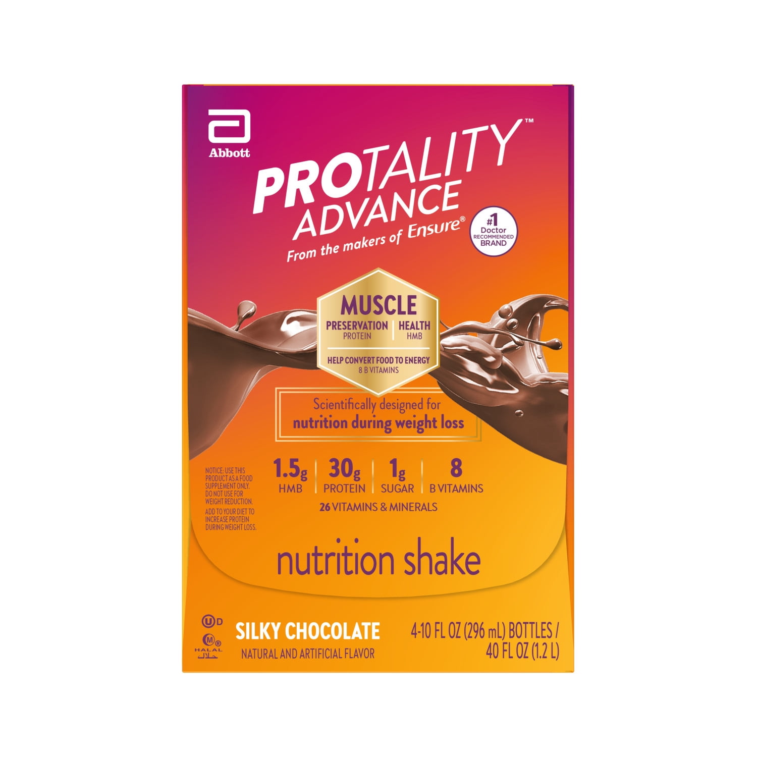 PROTALITY Advance Nutrition Shake, Silky Chocolate, 10-fl-oz Bottles, Pack of 4
