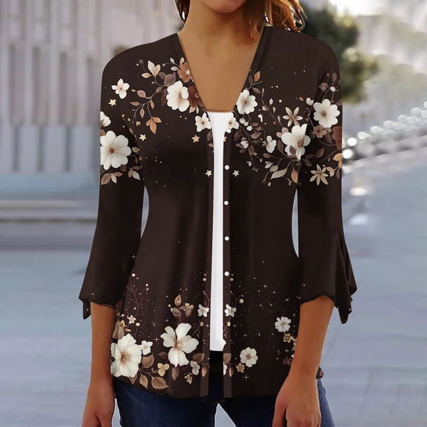 Xuyuer 3/4 Length Sleeve Womens Tops Round Neck Casual Summer Tunic Tops Basic Tees Blouses Cardigan Lightweight Button Down Casual Dressy T-Shirts Pleated Cute Shirts