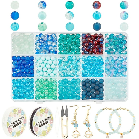 600pcs/box DIY Stretch Bracelet Making Kit Including Round Glass Beads Scissors Elastic Thread Turquoise Beads: 6mm Hole: 1.3~1.6mm