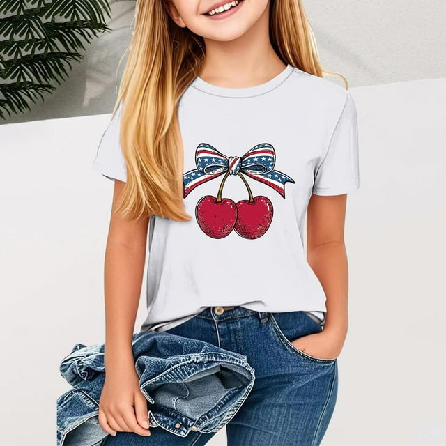 MKOSPLRT Filles USA Étoiles Rayures Quatrième Juillet T-Shirts Manches Courtes Col Rond T-Shirts Patriotiques Mignons T-Shirts Graphiques de la Fête de l'Indépendance pour 2-13 Ans