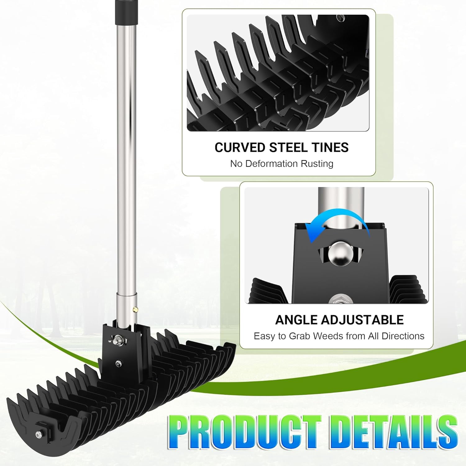 JouZYA Lawn Thatch Rake, 15-Inch Steel Dethatcher, Adjustable 0-15° Angle & 38-68" Length, Heavy-Duty Yard Tool for Dead Grass Removal & Lawn Care