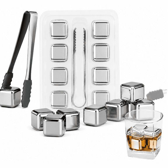Stainless Steel Ice Cubes for Whiskey Drink - 8 Pack Reusable Metal Whiskey Stones with High Cooling Technology, Includes Tray & Tongs, Fathers Day Gifts for Men (Silver)