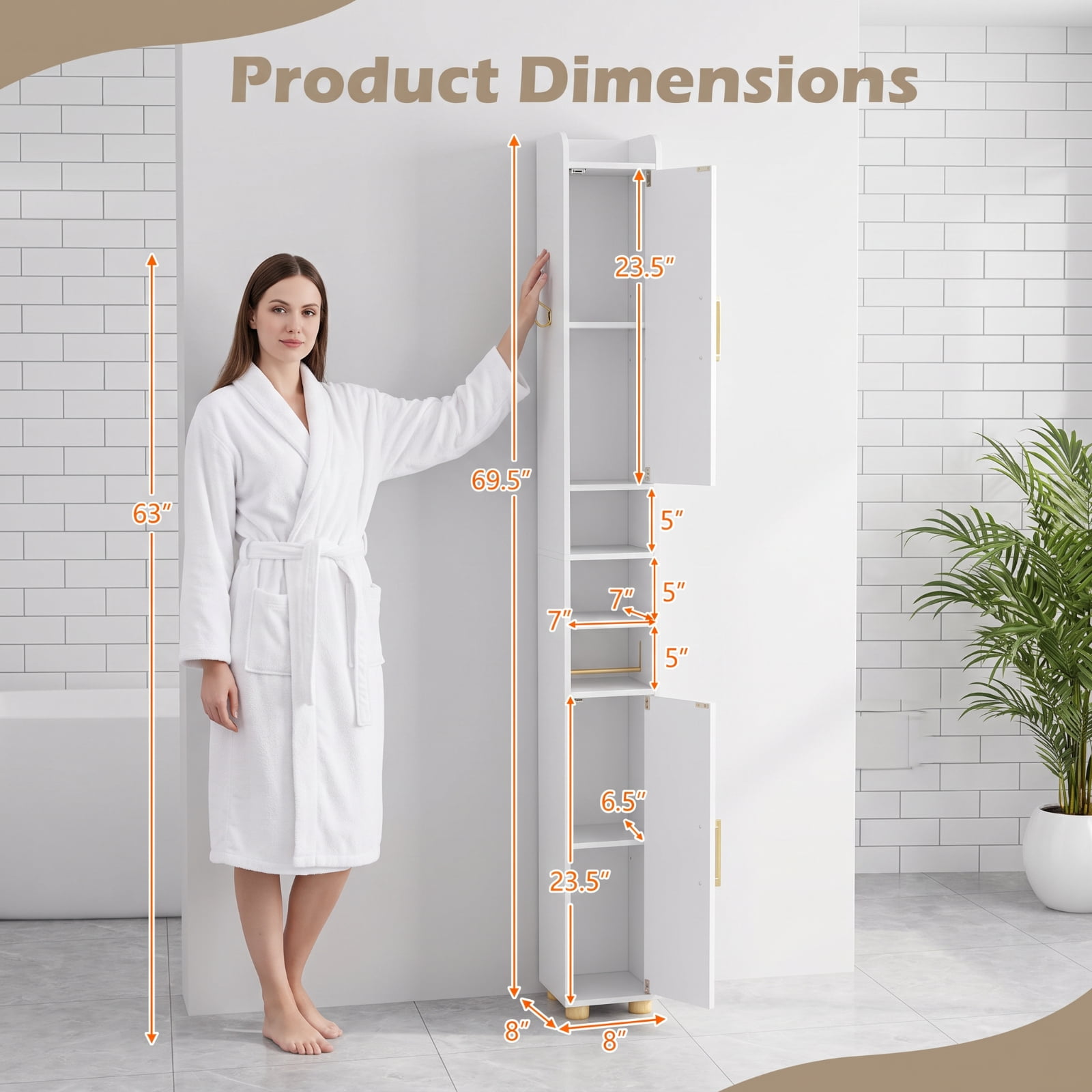Vebreda Narrow Bathroom Storage Cabinet, Tall Slim Freestanding Tower with 2 Closed Cabinets, Open Shelves and Toilet Paper Holder, Adjustable Shelves, Hook and Anti-Tip Kit, White