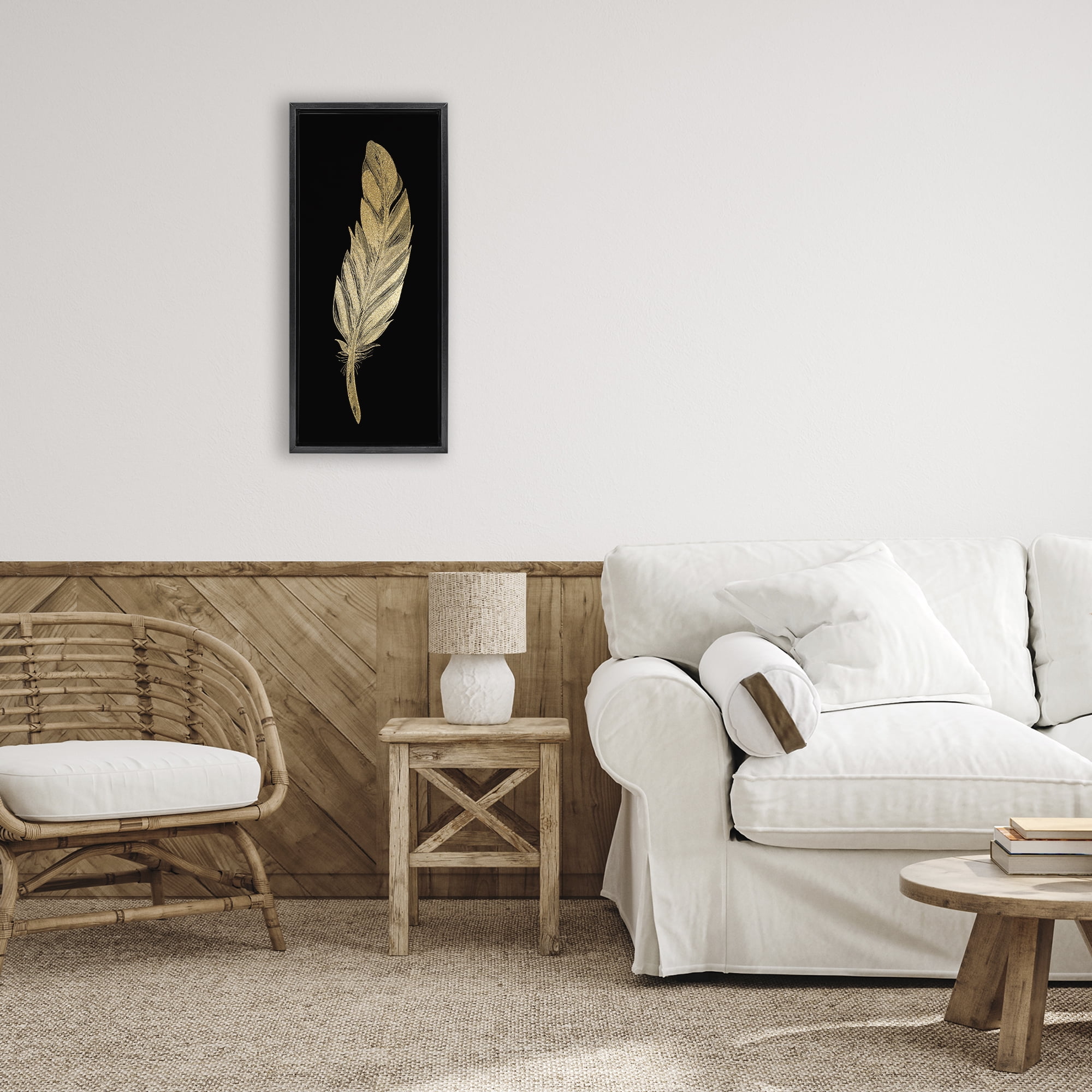 Glam Feather Black & Gold Black Framed Floater Canvas Wall Art, design by Kim Allen