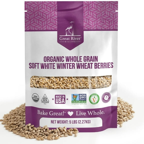 Great River Milling Organic Soft White Winter Wheat Whole Grain Wheat Berries for Baking & Milling Non-GMO, Kosher, USDA Organic Ideal for Pastries, Muffins & More 5 Lb