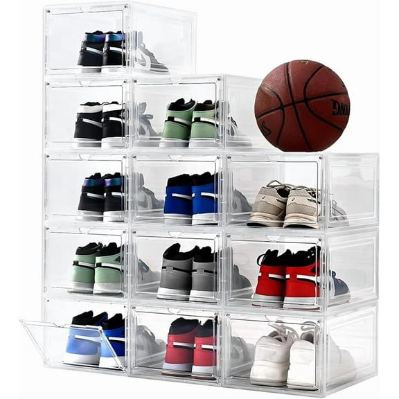 Uni HIMO 12-pack Thicken & Sturdy Clear Drop-Front Shoe Boxes, Stackable Closet Organizer for Sneakers/Boots, Fits Men's Size 12 (13.5x10.5x7.4in)