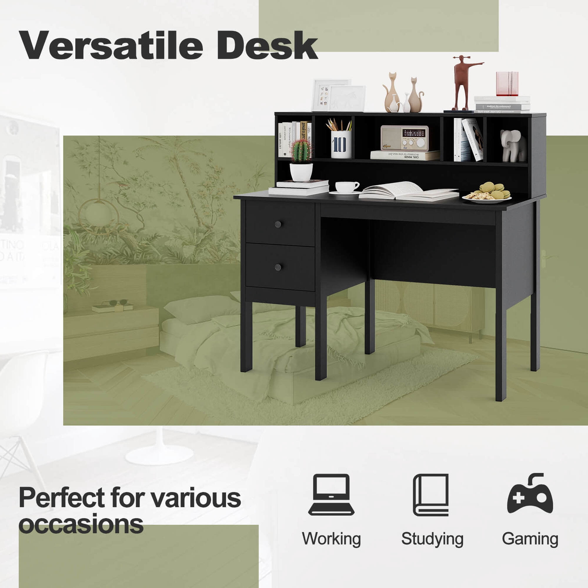 Costway 48" Computer Desk with Power Outlets Type-C 5-Cubby Hutch & 2 Storage Drawers Black