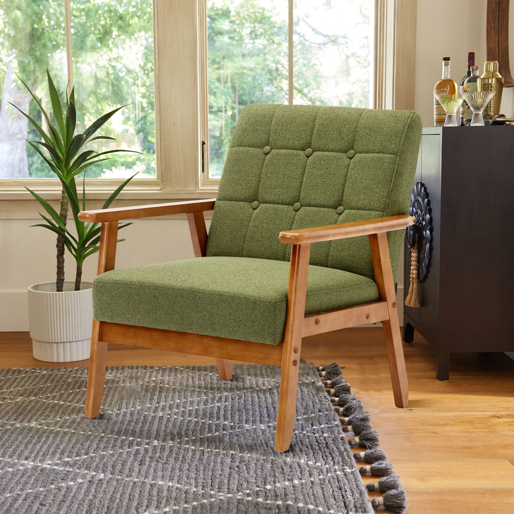 Miniyam Mid Century Modern Accent Chair with Wood Frame,Linen Fabric Single Reading Chair,Armchair for Living Room Bedroom Home Belcony Office,Green