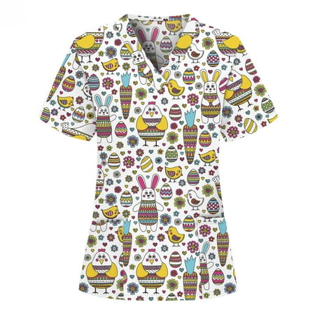 

Jovati Womens Nursing Scrub Tops Easter Eggs Bunny Rabbit Printed Working Uniform Short Sleeve V Neck Workwear Blouse T-shirt with Pockets On Clearance