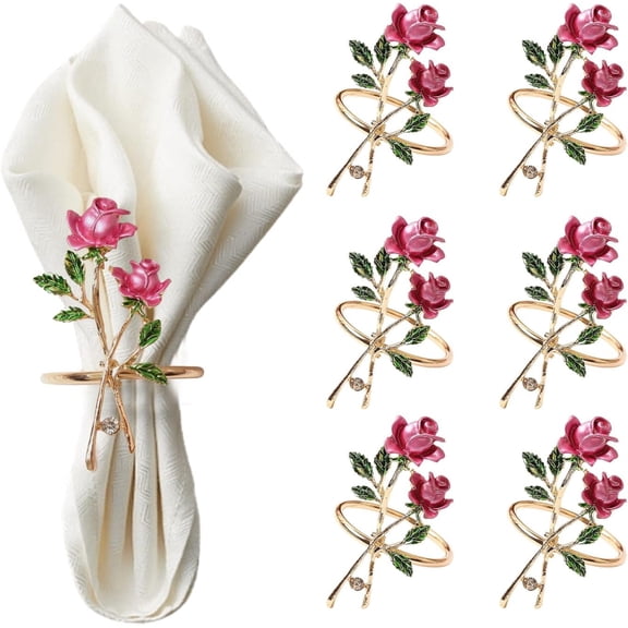 ABPETE Rose Napkin Ring Set of 8, Valentines Day Napkin Rings, Napkin Ring Holders for Dining Table Metal Decor, Hollow Out Floral Napkin Holder Adornment Exquisite Household Napkins Rings Set