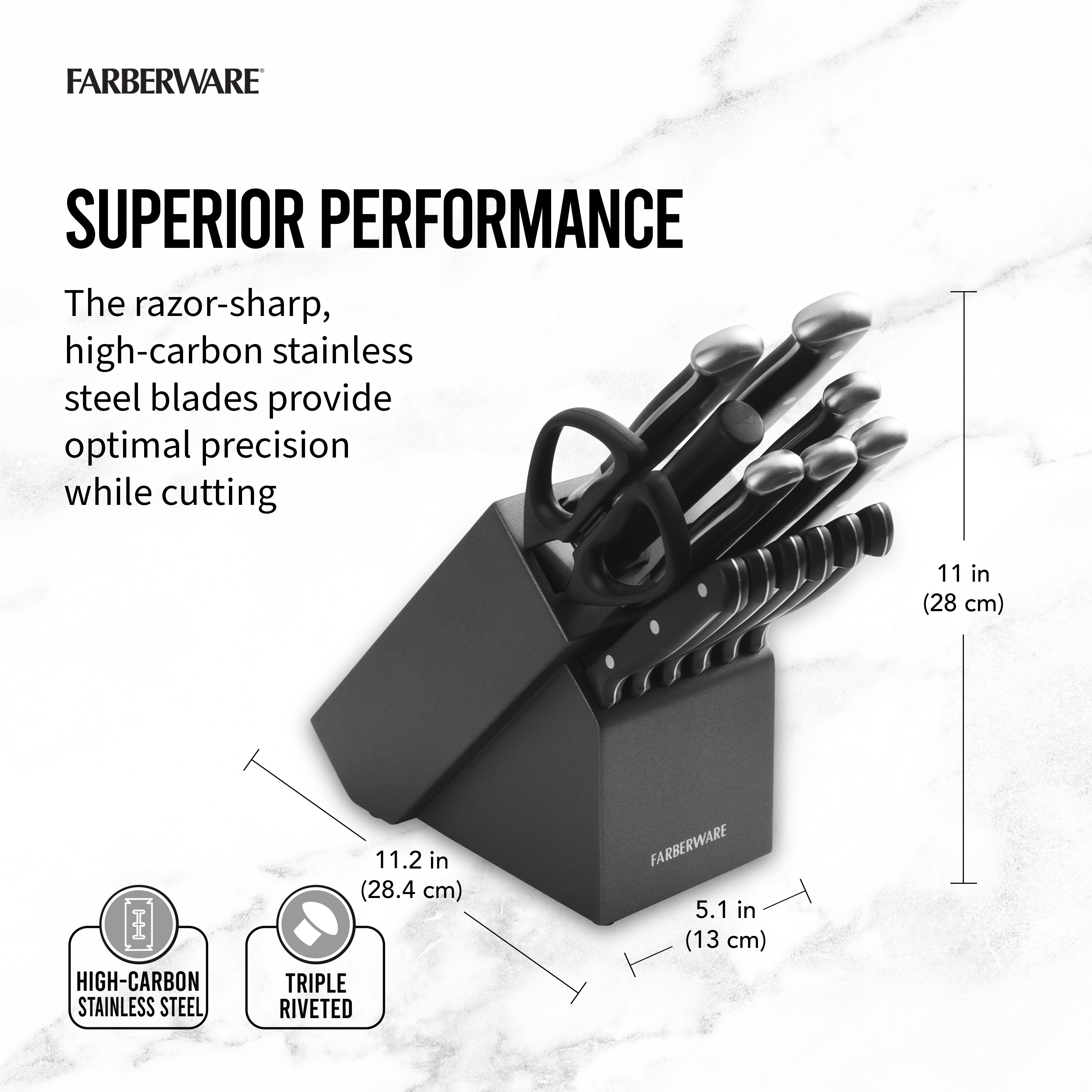 Farberware 15-piece Forged Triple-Rivet Kitchen Knife Block Set with Black Block and Black Handles - image 4 of 20