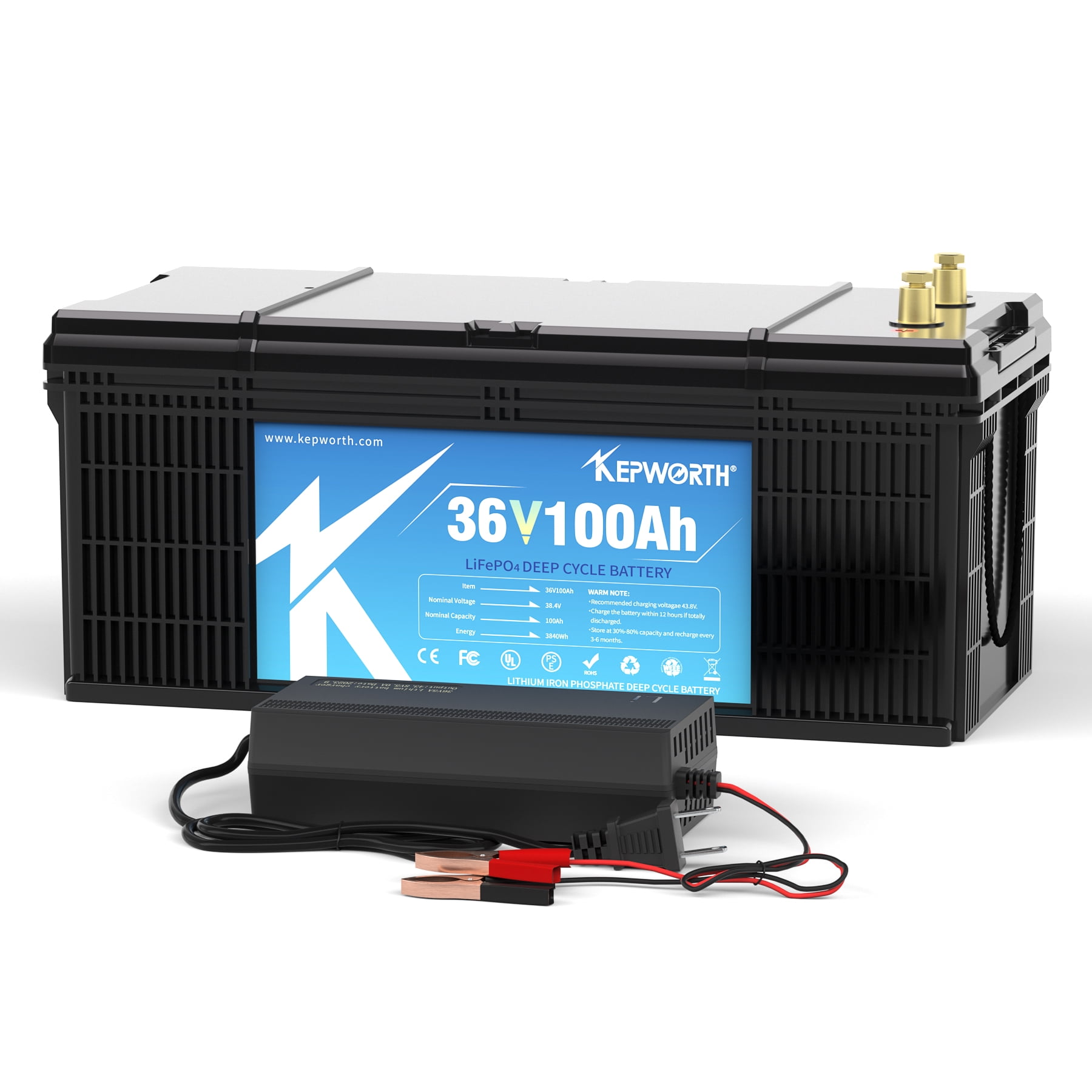KEPWORTH 36V LiFePO4 Battery 100Ah, Lithium Batteries with 200A BMS, Rechargeable Deep Cycle, Perfect for Trolling Motor, Golf Cart, Marine, Camper, RV, Solar Power, Off Grid