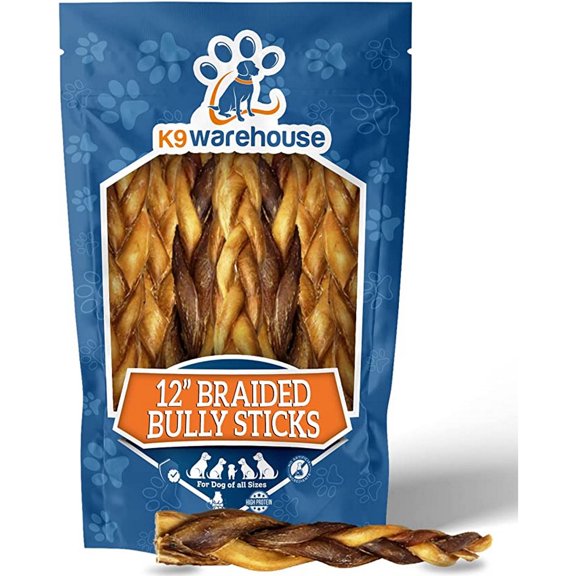 K9warehouse - Braided Bully Sticks (12") 3-Count - Long-Lasting, Grass-Fed Beef Chews - Rawhide-Free, High-Protein - Ideal for Puppies & All Breeds
