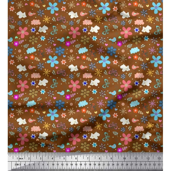 Soimoi Cotton Voile Fabric Bear,Bird & Floral Clip Art Decor Fabric Printed Yard 56 Inch Wide