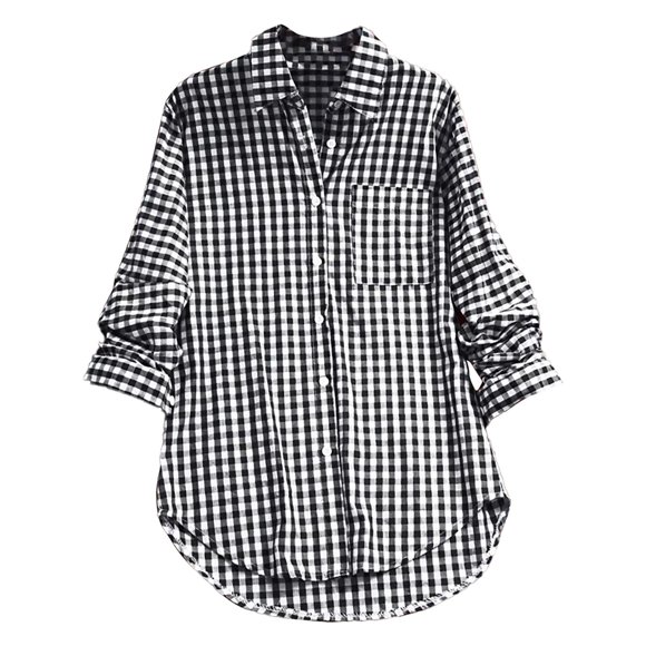 DondPO Womens tops Women's Plaid Lapel Long Sleeve Vintage Shirt top Shirts for Women Linen Shirts for Women Black L Clearance!