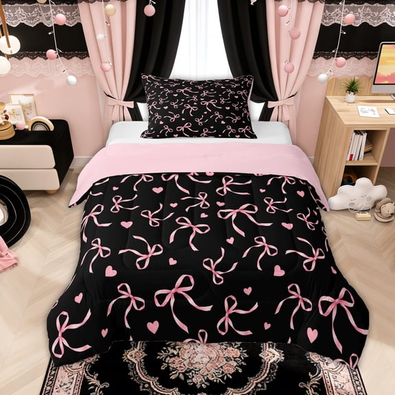 Manfei Pink Bows Love Hearts Black Print Twin Comforter Sets for Girls, Cute Ribbon Bows Bedding Set, Pink Reversible, 2pcs