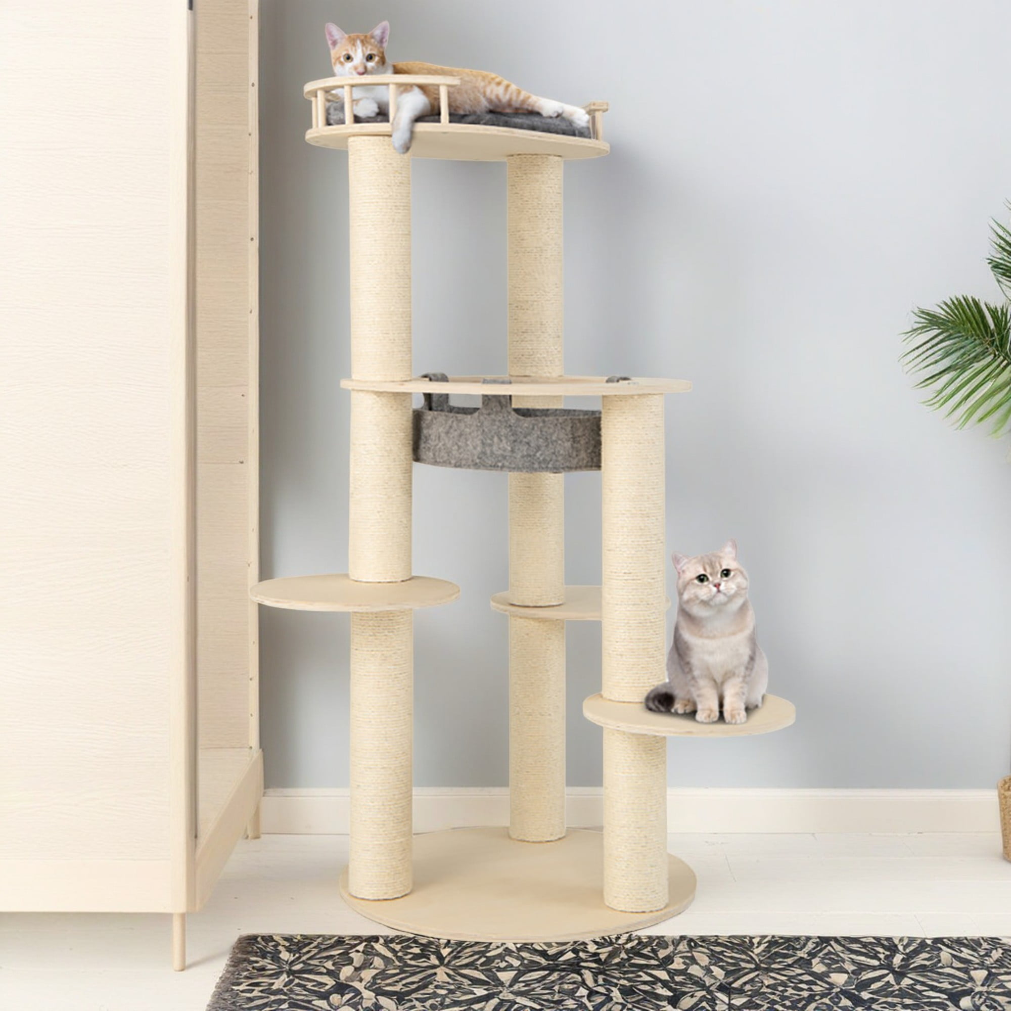 Pefilos 59" Modern Cat Tree Tower for Indoor Cats, 5-level Large Wood Cat Condo with Scratching Post and Removable Pads for Small Large Cats, Beige