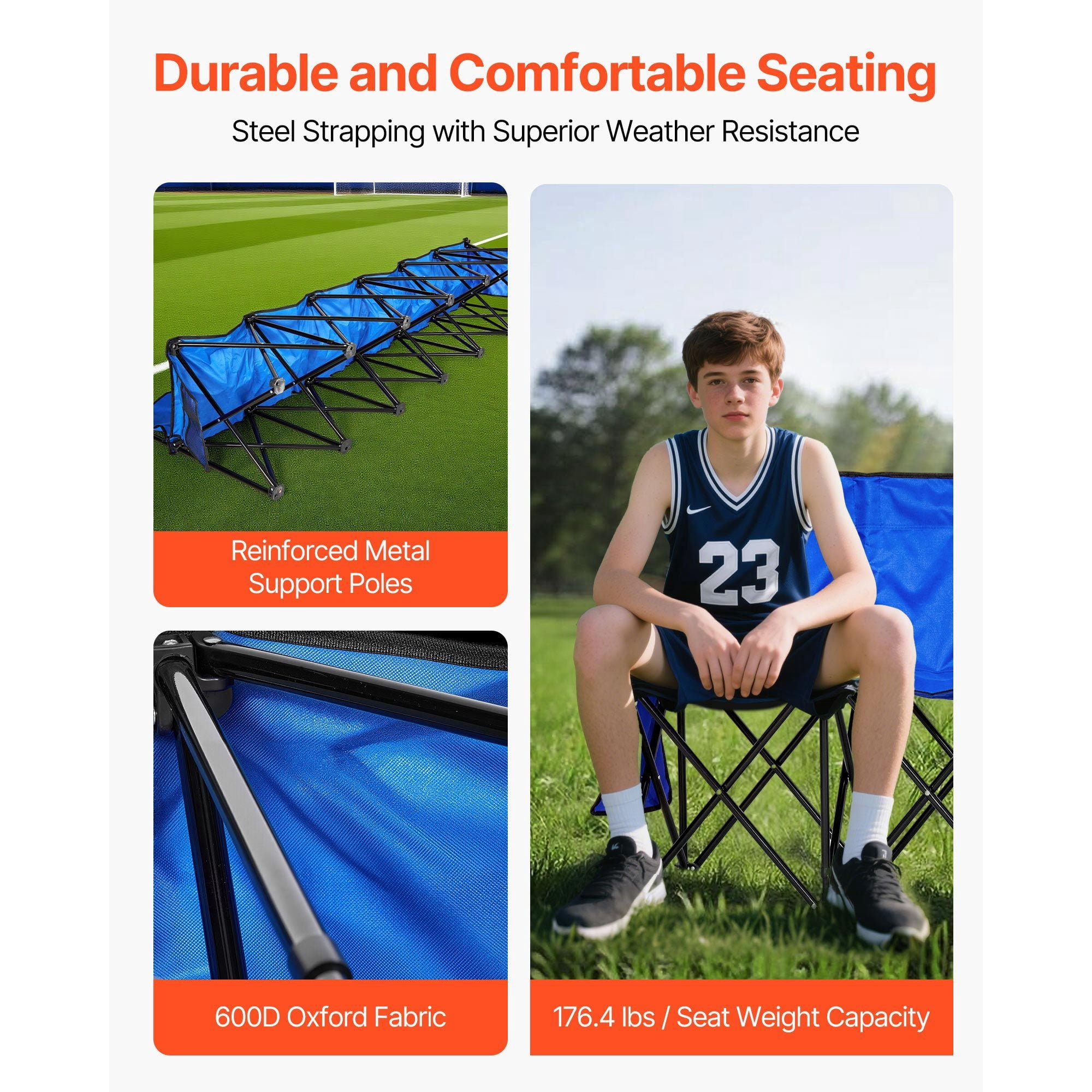 Portable Folding Bench, 6 Seat Foldable Soccer Bench with Side Pockets and Carrying Bag, Lightweight Sideline Seating with Back Rest for Football, Baseball, Camping, Outdoor Events, Blue