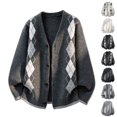 thumbnail image 4 of Mens Cardigan Sweaters Argyle Plaid Button Down V Neck Knit Long Sleeve Loose Knit Outerwear Sweaters Tops, 4 of 6