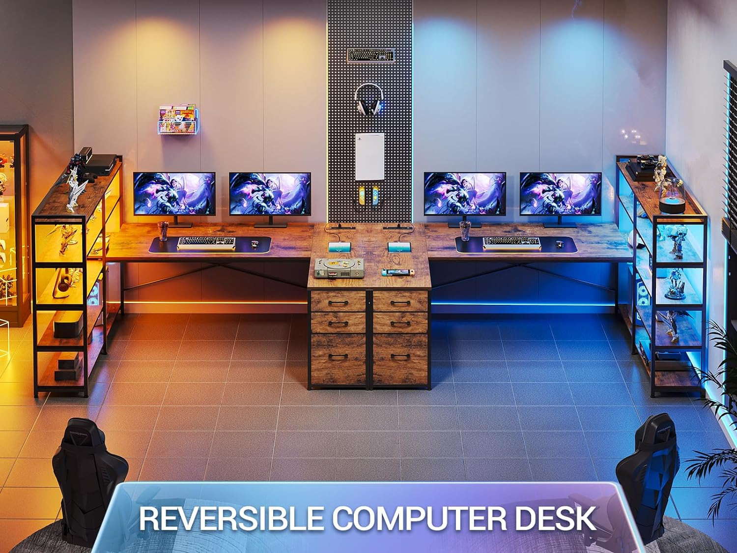 Computer Desk with Drawers, 64.5" Reversible Office Desk with Fabric File Drawer, Corner Computer Desk with Power Outlet & LED Strip and Storage Bookshelf,Rustic Brown