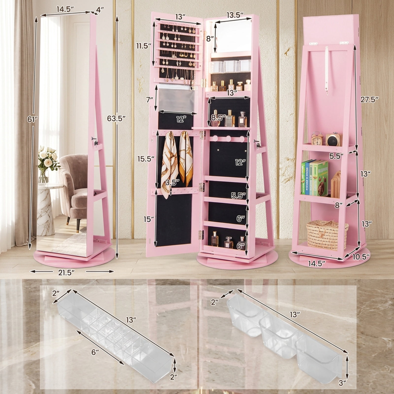 Furnibear 360° Rotating Mirrored Jewelry Cabinet Armoire 3 Color LED Modes Lockable for Bedroom Dressing Room Jewelry Necklace Rings Storage, Pink