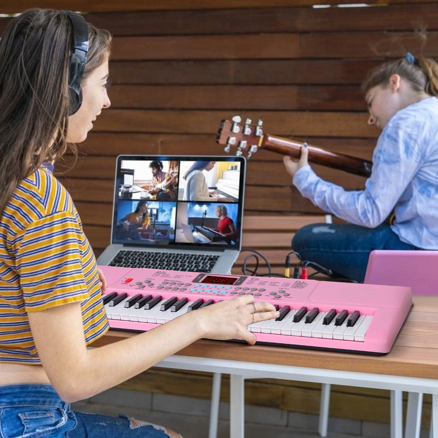 TeqHome 61 Key Electric Keyboard Piano with Microphone and Music Stand Height Adjustable Piano Keyboard Gift for Beginners Pink