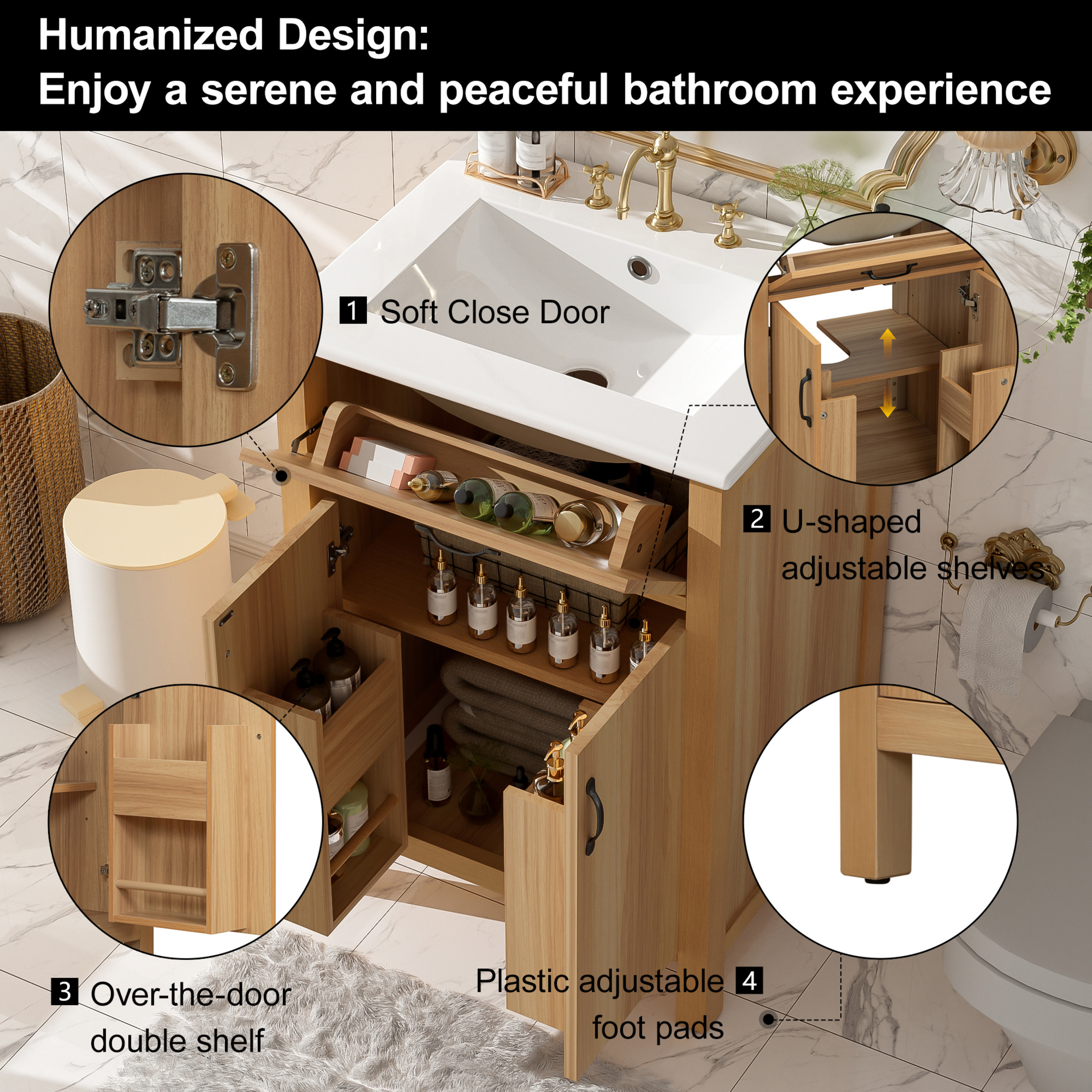 Noble House 24" Bathroom Vanity with Ceramic Sink, Flip Drawer, Soft Close Doors, Adjustable Shelf, Wood Finish