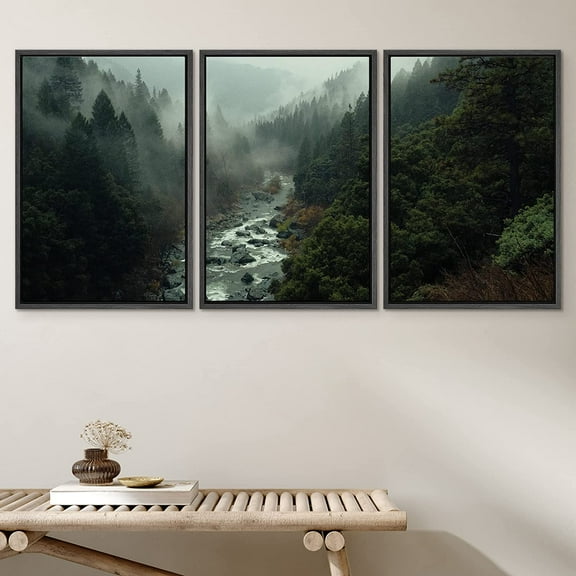 IDEA4WALL Framed Canvas Print Wall Art Set of 3 Woodland Nursery Decor Forest Rivers Artwork Nature Plants Photography Modern Art Closeup for Entryway, Bedroom, Office - 16"x24"x3 Black