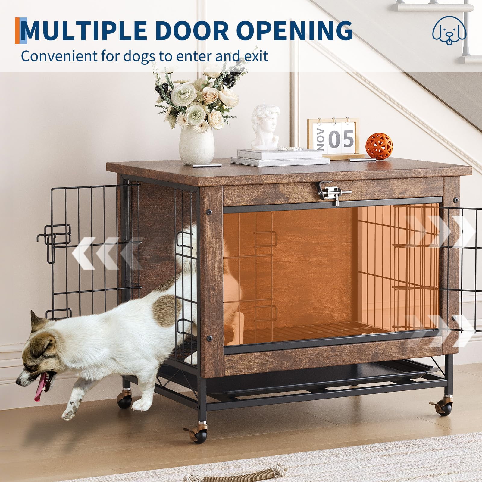 Garvee Dog Crate Furniture with Wheels & 2 Doors & Wheels 26.4" L Wooden Indoor Kennel for Small Medium Dogs