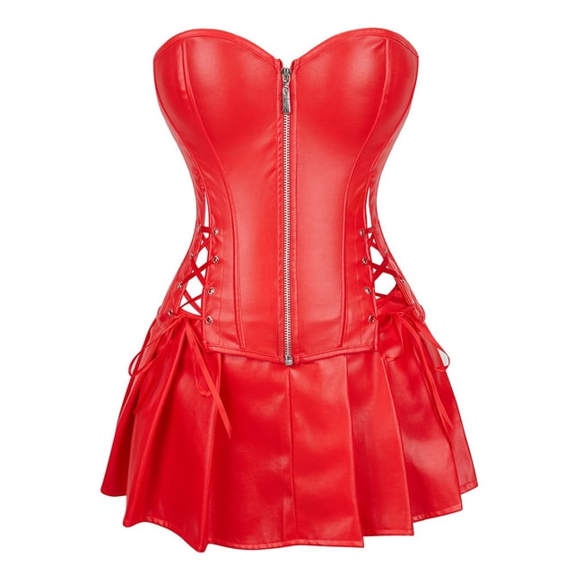Lencería Steampunk de cuero para mujer, Top con tirantes en los hombros, disfraz de talla grande, Falda corta Sexy de cuero con cremallera, talla XXXL roja