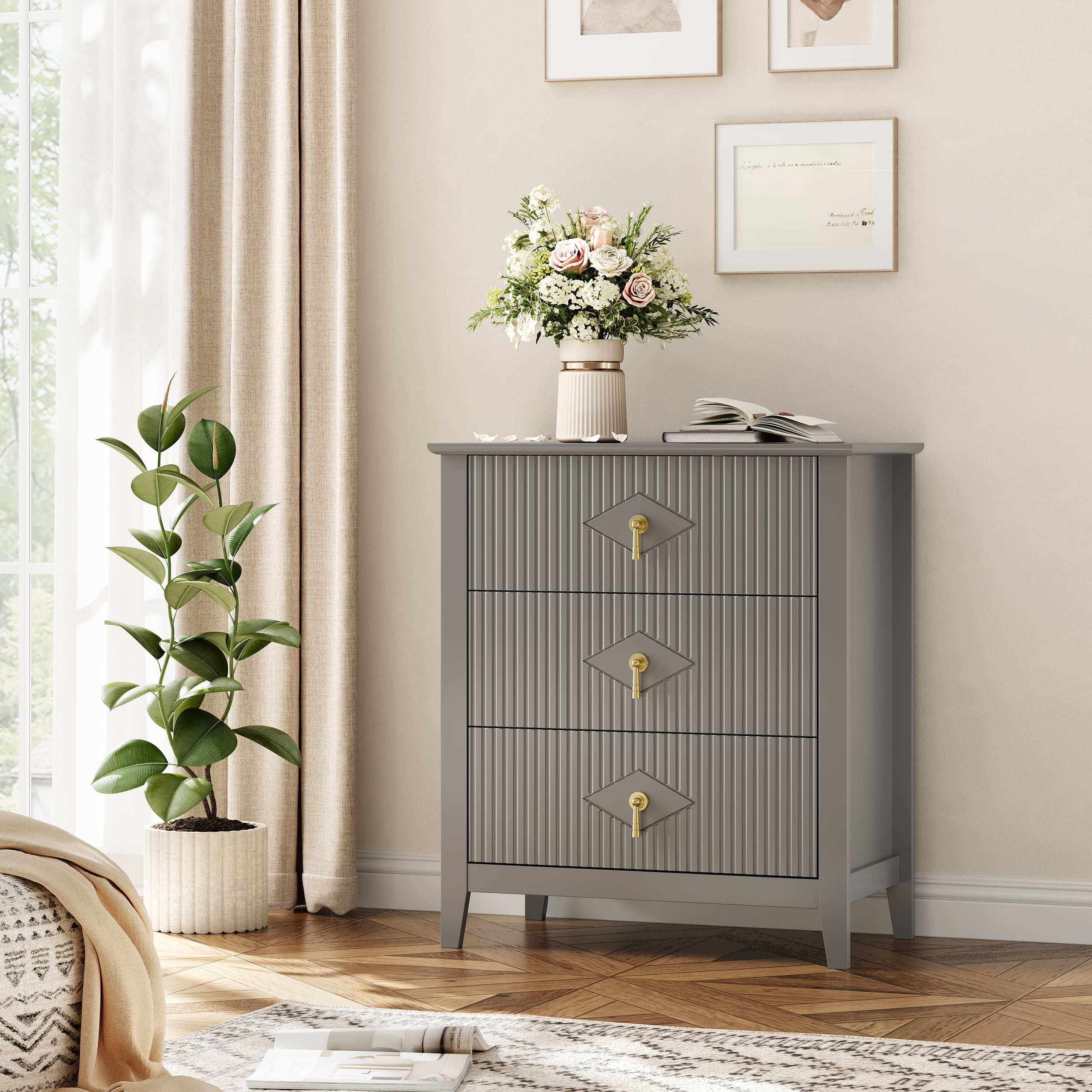 Gray Fluted Dresser for Bedroom, 32 Inch Wide Nightstand with Large Drawer, 3 Drawer End Table for Bedroom, Living Rooms, Offices, and Entryways