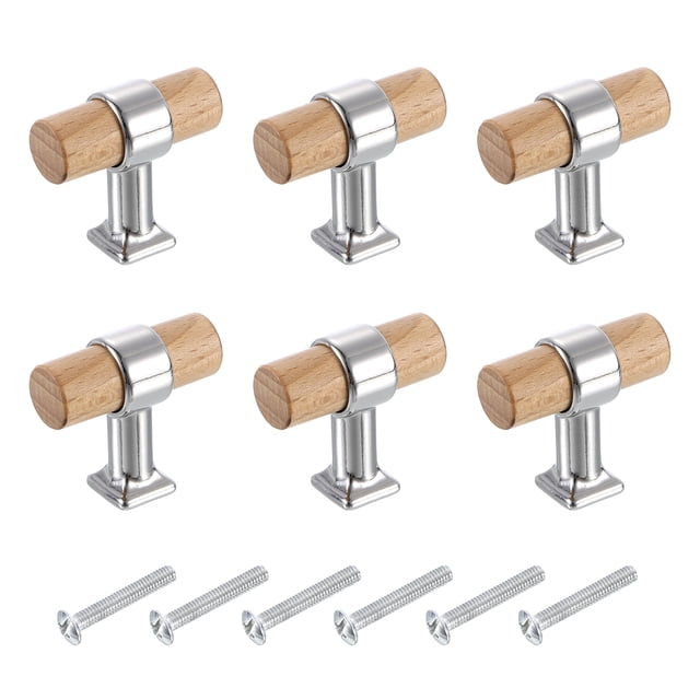 Uxcell 6 Pcs T Bar Tiradores de Cajón de Madera con Agujero Único y Tornillos, Madera/Plata