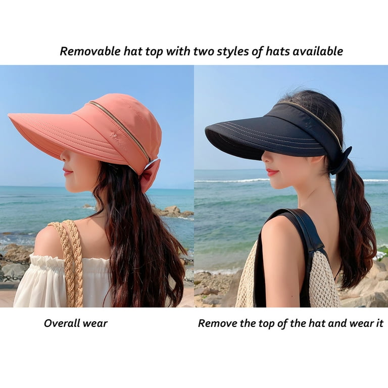 Womens Sun Hats 2 in 1 Zip-Off UV Protection Wide Brim Sun Visors Ponytail  Beach Hat Foldable Tennis Golf Hats 