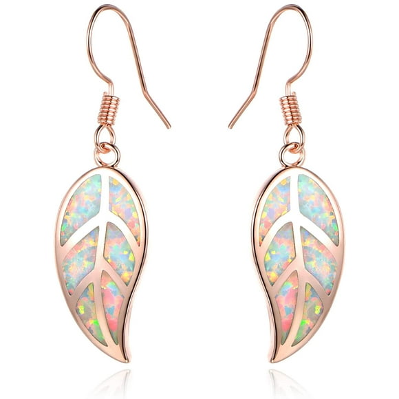 (Rose Gold)Stainless steel Plated Created White or Green Opal Leaf Drop Dangling Earrings