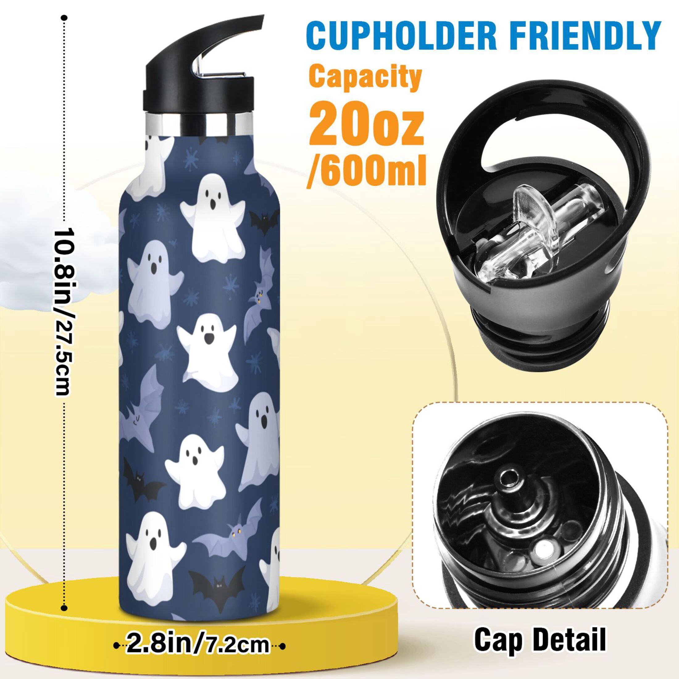 Kids Insulated Stainless Steel Sports Water Bottle 600ml (20oz) Halloween Ghost Pattern