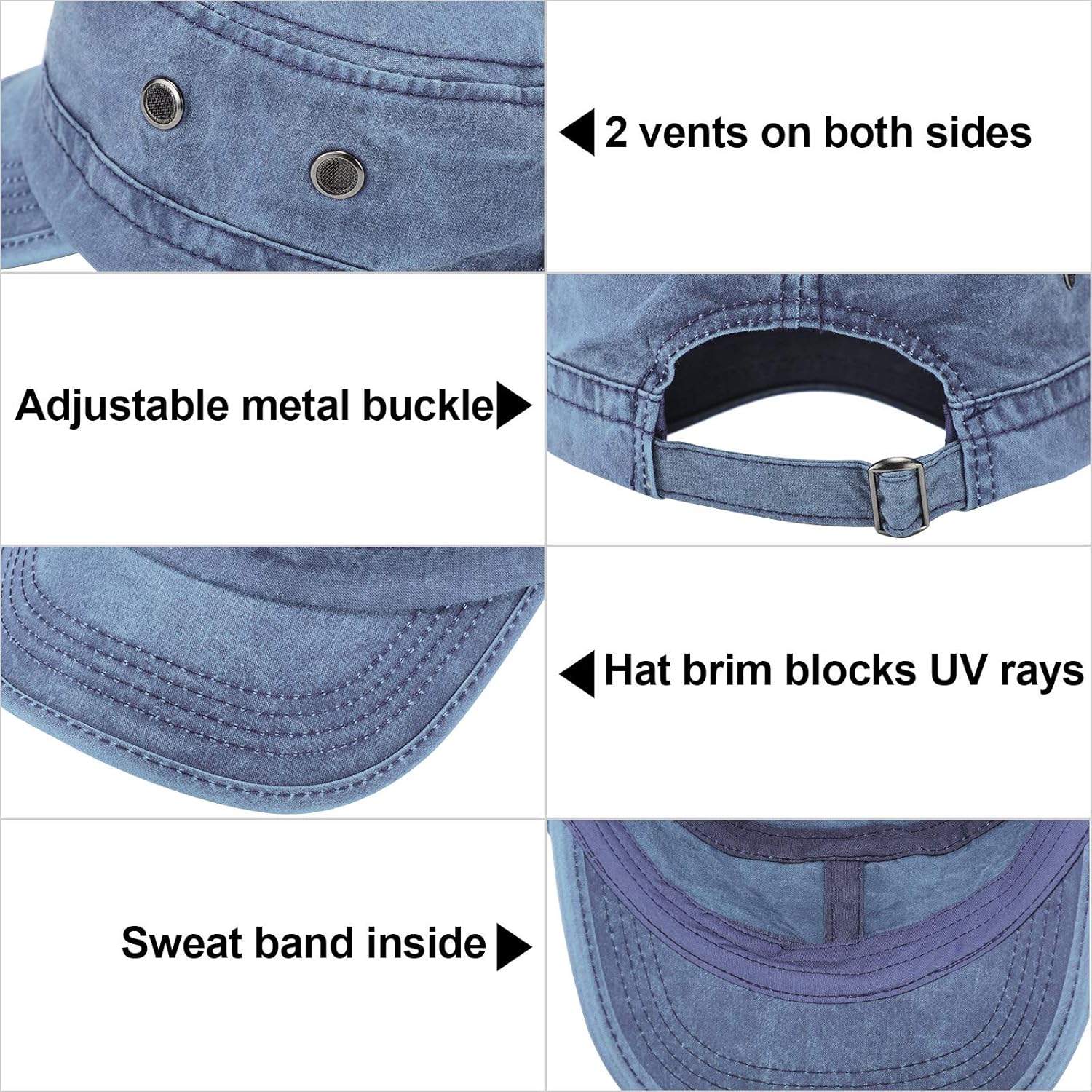 DOVACKA 3 Pieces Cadet Army Cotton Caps Washed Military for Flat Top Caps Adjustable Military Style Hat Unisex