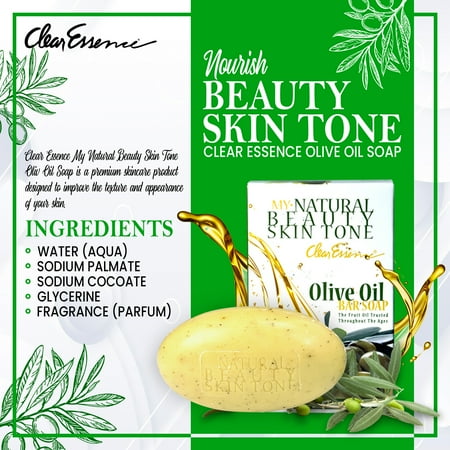 Clear Essence My Natural Beauty Skin Tone Olive Oil Soap - Face and Body Soap for All Skin Types - Hydrates, Moisturizes & Deep Cleans - Flawless Complexion (6.1 oz.)