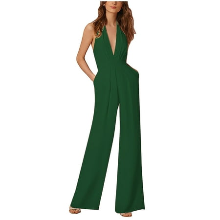 

JURANNMO Deep Halter V Neck Jumpsuit for Women Casual Sleeveless Solid Color Overalls Loose Long Pants Pocket Bodysuit