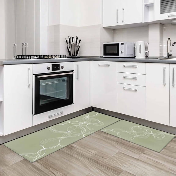 Sage Green 2 Pieces Non-Slip Kitchen Mat Set Minimalist Abstract Modern White Art Soft Door Mat with Rubber Backing,Dirtproof Rugs for Entrance Doorway 20x24in 20x48in