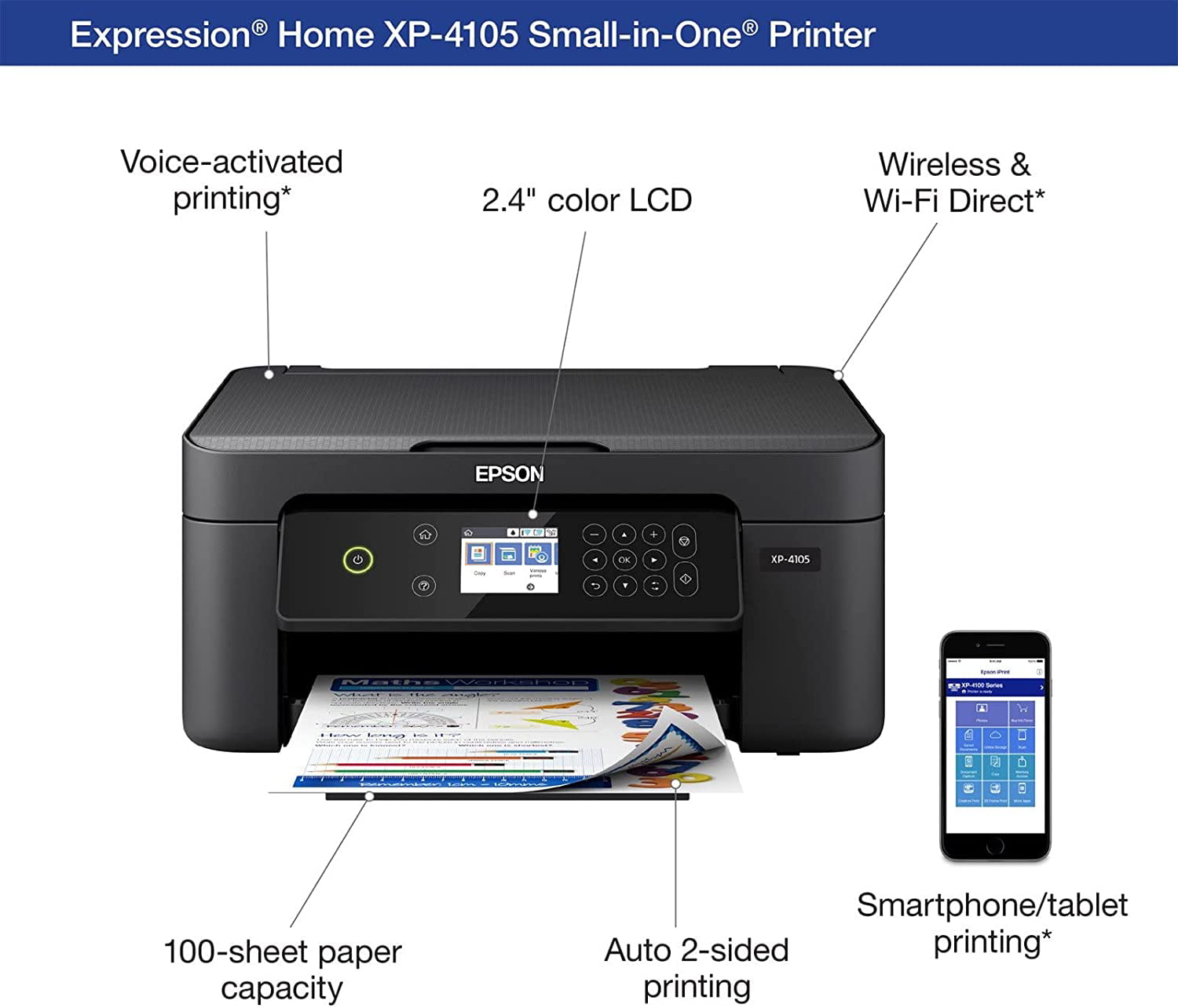 Epson 41 series Printer, All-in-One Color Inkjet Printer, Black, Scan, 2.4" LCD, Wireless, Hi-Speed USB, Auto 2-Sided Printing, Voice Activated, With NSSDC Printer Cable and File - Walmart.com